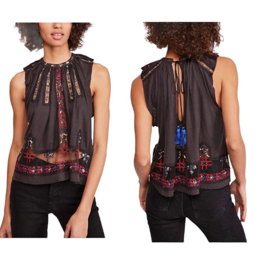 Free People Red Embroidered Sequin Sheer Panel Peasant Blouse Top w/Back Tassels - Picture 12 of 15